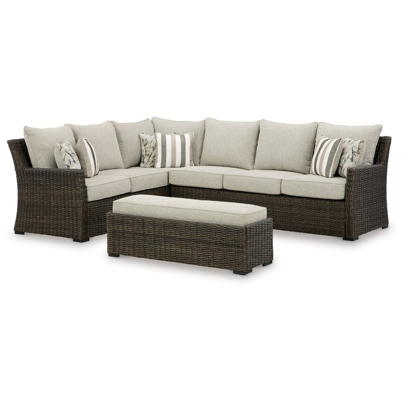 Soha Outdoor 3pc Sectional Sofa, Brown Wicker, Beige Nuvella Cushions - Benzara