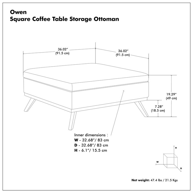 Owen 36 in Wide Square Square Coffee Table Storage Ottoman
