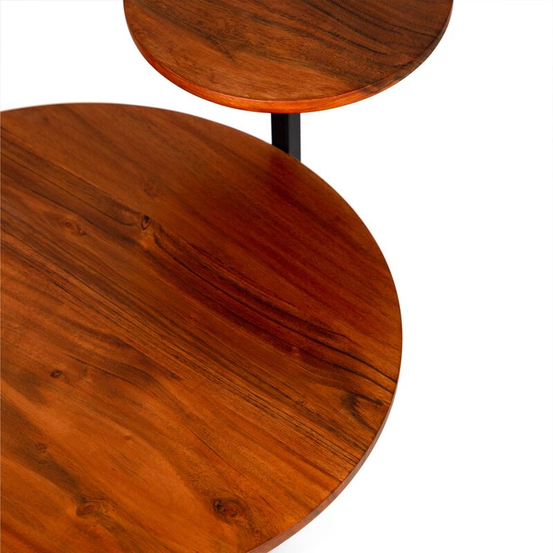 Geo Collection 21 Inch Round Acacia Wood Accent End Table with 2 Tier Tabletops, Brown, Black-Benzara