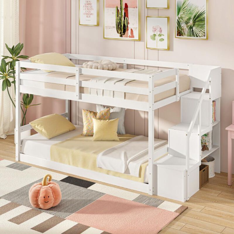Hivvago Twin Over Twin Low Bunk Bed with Storage Stairs Solid Wood Floor Bunk Bed Frame