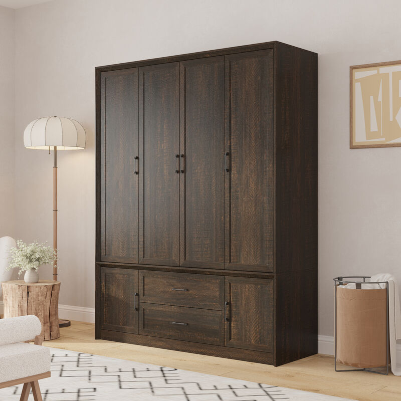 FUFU&GAGA 6-Door 2-Drawer Wardrobe with Black Metal Handles, Dark Brown Wood Grain Finish (62"W x 20.9"D x 79.7"H), Dark Brown