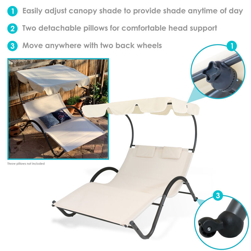 Sunnydaze Sling Fabric Double Outdoor Chaise Lounge Bed with Canopy - Beige
