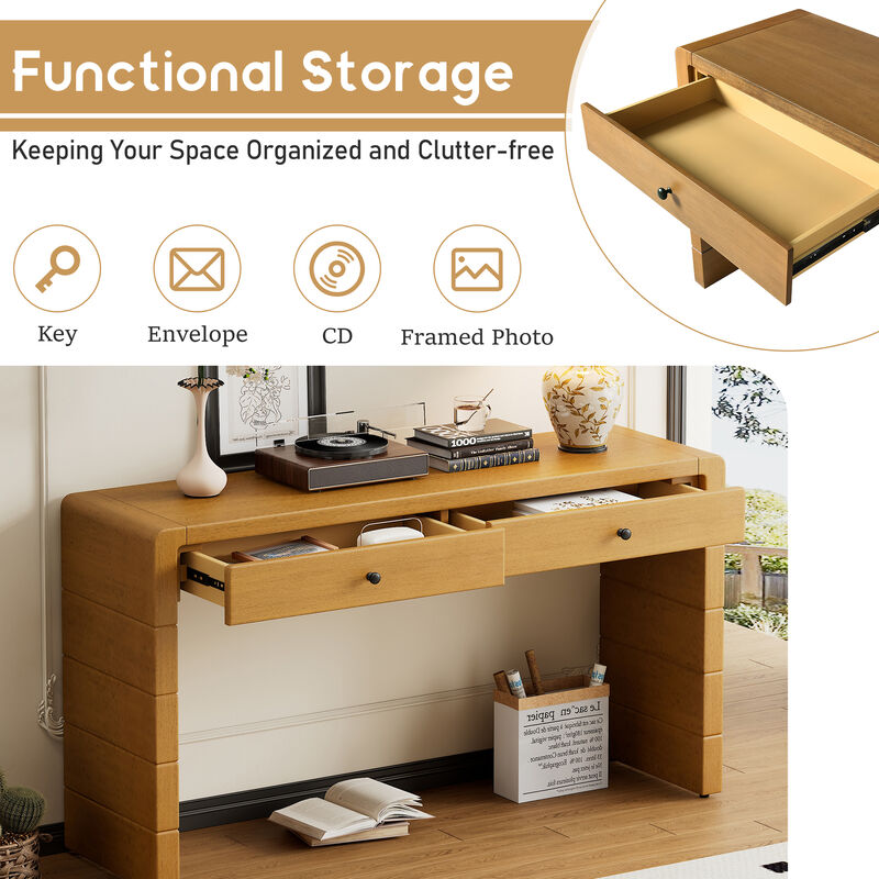 Curved Console Table with Storage, Wooden Entryway Table with 2 Drawers