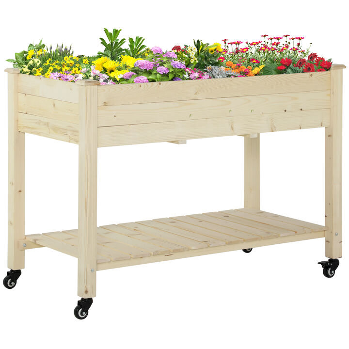Outsunny Raised Garden Bed, 47" x 22" x 33", Elevated Wooden Planter Box w/ Lockable Wheels, Storage Shelf, and Bed Liner for Backyard, Patio, Natural