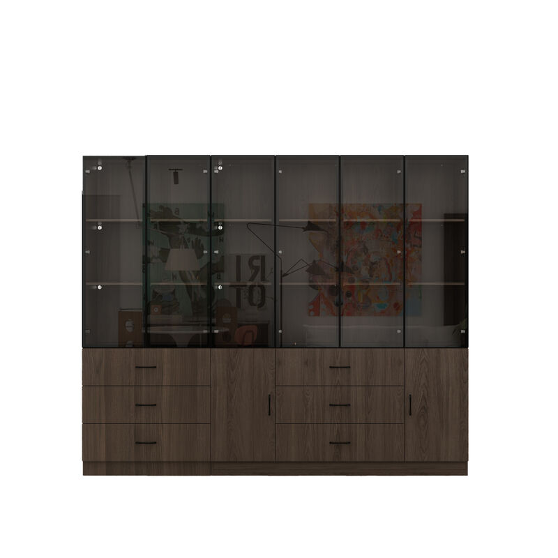 FUFU&GAGA Modern Wood Grain Cabinet with 6 Drawers, Black Aluminum Glass Doors & LED Strip Lights (94.4&rdquo;W x 15.7&rdquo;D x 78.7&rdquo;H), Walnut Finish
