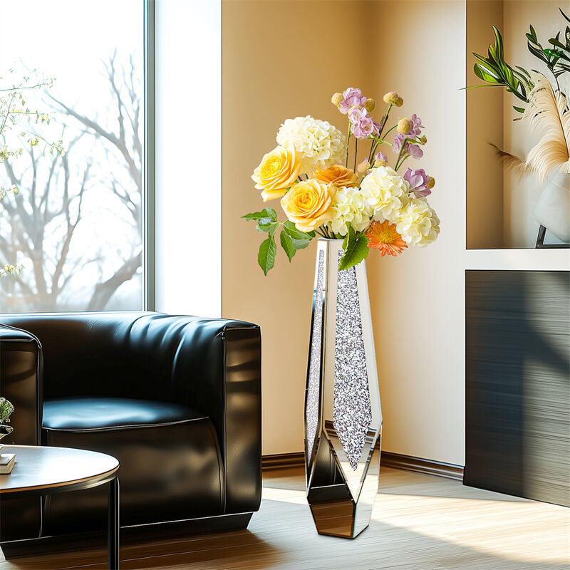 XL Floor Vase Sparkle Diamond Crushed Silver Mirrored Vase Bevelled Border Base image number 7