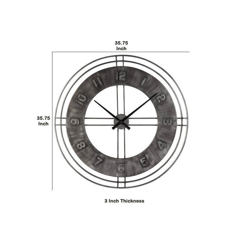 Industrial Round Metal Wall Clock with Roman Numerals, Gray-Benzara