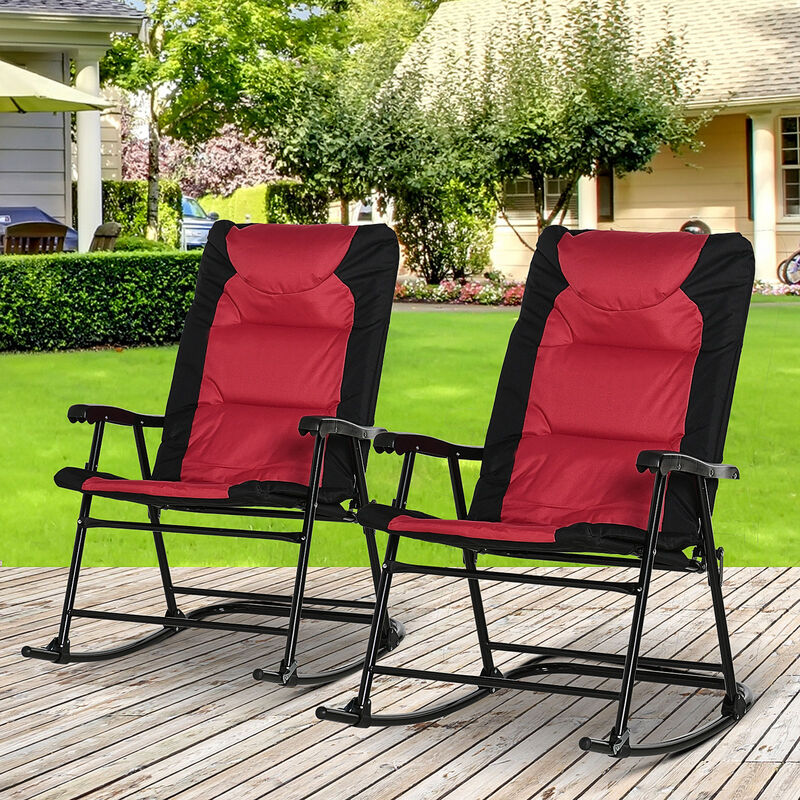 Outsunny 2 Piece Outdoor Patio Furniture Set with 2 Folding Padded Rocking Chairs, Bistro Style for Porch, Camping, Balcony, Red