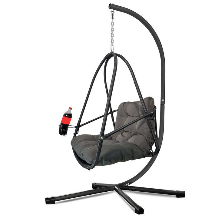 WOW PIONEER Indoor Outdoor Wicker Rattan Swing Egg Chair with Stand, Foldable Hanging Basket Lounge Chair with Cushion, Pillow, Removable Guardrail and Cup Holder