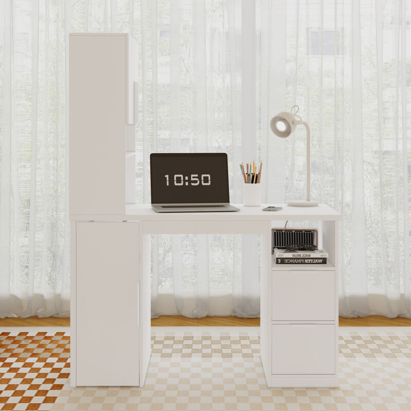 FUFU&GAGA White Study Desk & Storage Cabinet with Sliding Door, Open Shelves & Pegboard, E1 Particle Board, Metal Handles (47.3 in. W x 23.7 in. D x 61.4 in. H)