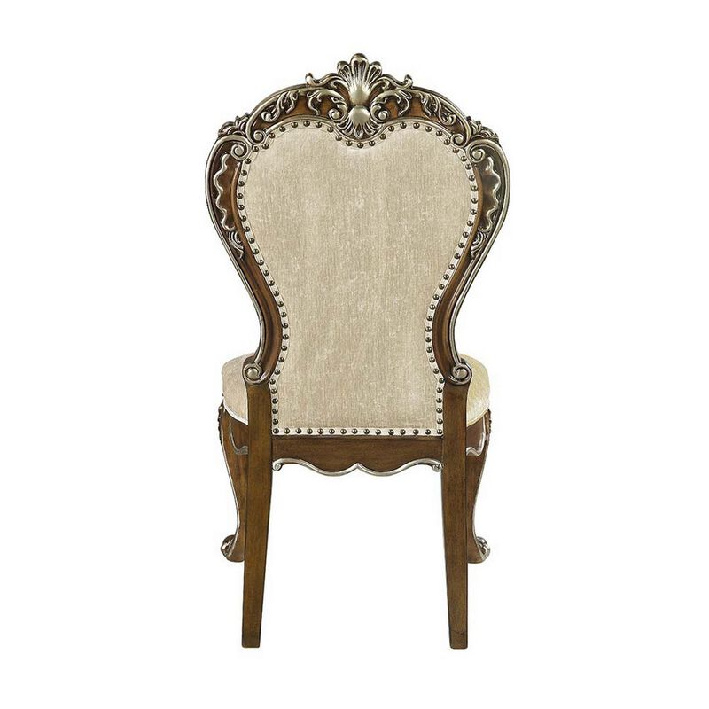 24 Inch Side Dining Chair, Set of 2, Vintage Oak Brown, Beige Chenille - Benzara