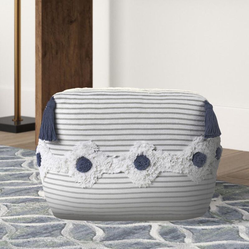 Hivvago 18 Inch Gray Cotton Striped Pouf Ottoman