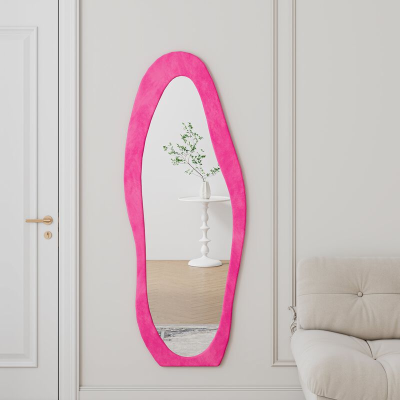 Full Length Mirror 63 x 24 Irregular Wavy Floor or Wall Mirror with Flannel Wrapped Wooden Frame for Bedroom Living Room image number 3