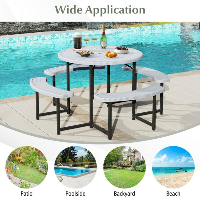 Hivvago Round Picnic Table Bench Set with 4 Benches and Umbrella Hole for Patio Lawn