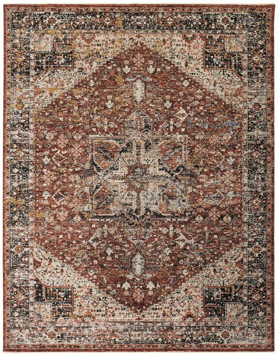 HomeRoots 7' X 10' Red Ivory And Black Abstract Distressed Area Rug With Fringe