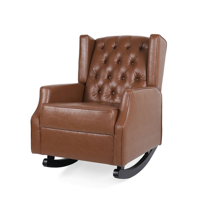 Zyna Rocking Chair, Gentle Motion, Brown Waffle Stitch Faux Leather - Benzara