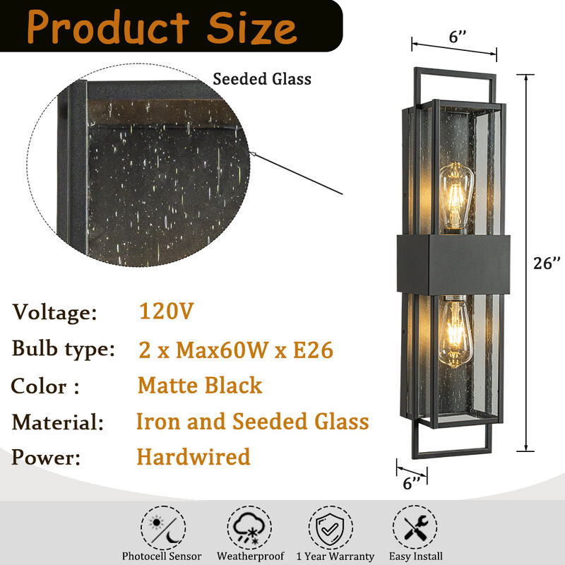 Modern Outdoor Wall Light with Dusk to Dawn Sensor H26'' Black Exterior Wall Lantern with Seeded Glass 2-Light Waterproof image number 5