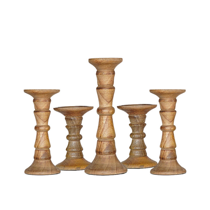 Traditional Wallnut Eco-friendly Handmade Mango Wood Set Of Five 6",9",12",9" & 6" Pillar Candle Holder BBH