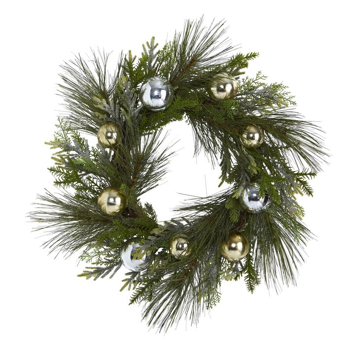 HomPlanti 26" Sparkling Pine Artificial Wreath with Decorative Ornaments