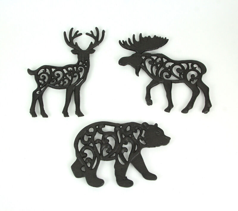 Set of 3 Cast Iron Lodge Design Kitchen Trivets Wall Hanging Art Deer Moose Bear image number 2