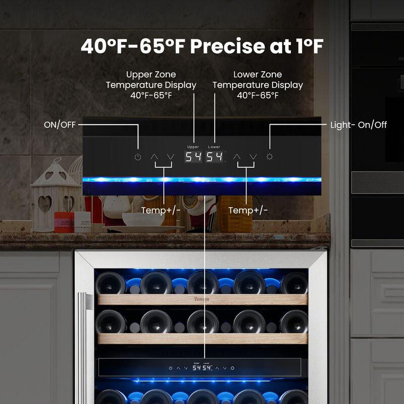 24 inch Dual-Zone Wine Cooler, 52-Bottle Capacity, 40-65&deg;F Glass Door, Built-in, for Home, Bar or Office image number 6