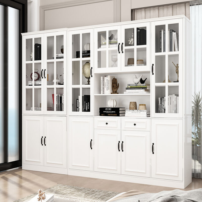 FUFU&GAGA White Bookcase Set –4-Door Bookcases + 8-Door Bookcase with Glass Doors and Black Handles – Modern Storage and Organizing Solution, (78.7 in. H x 94.5 in. W x 15.7 in. D),White