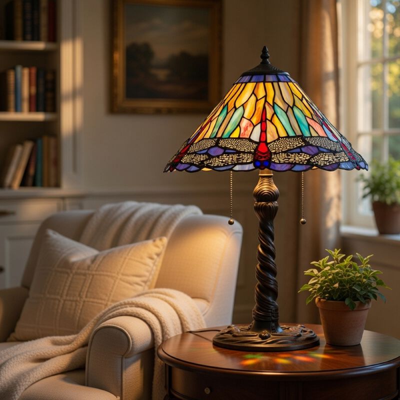 Eli Table Lamp, Tiffany Glass Shade, Blue Red Dragonfly Design, Bronze, 23In image number 1