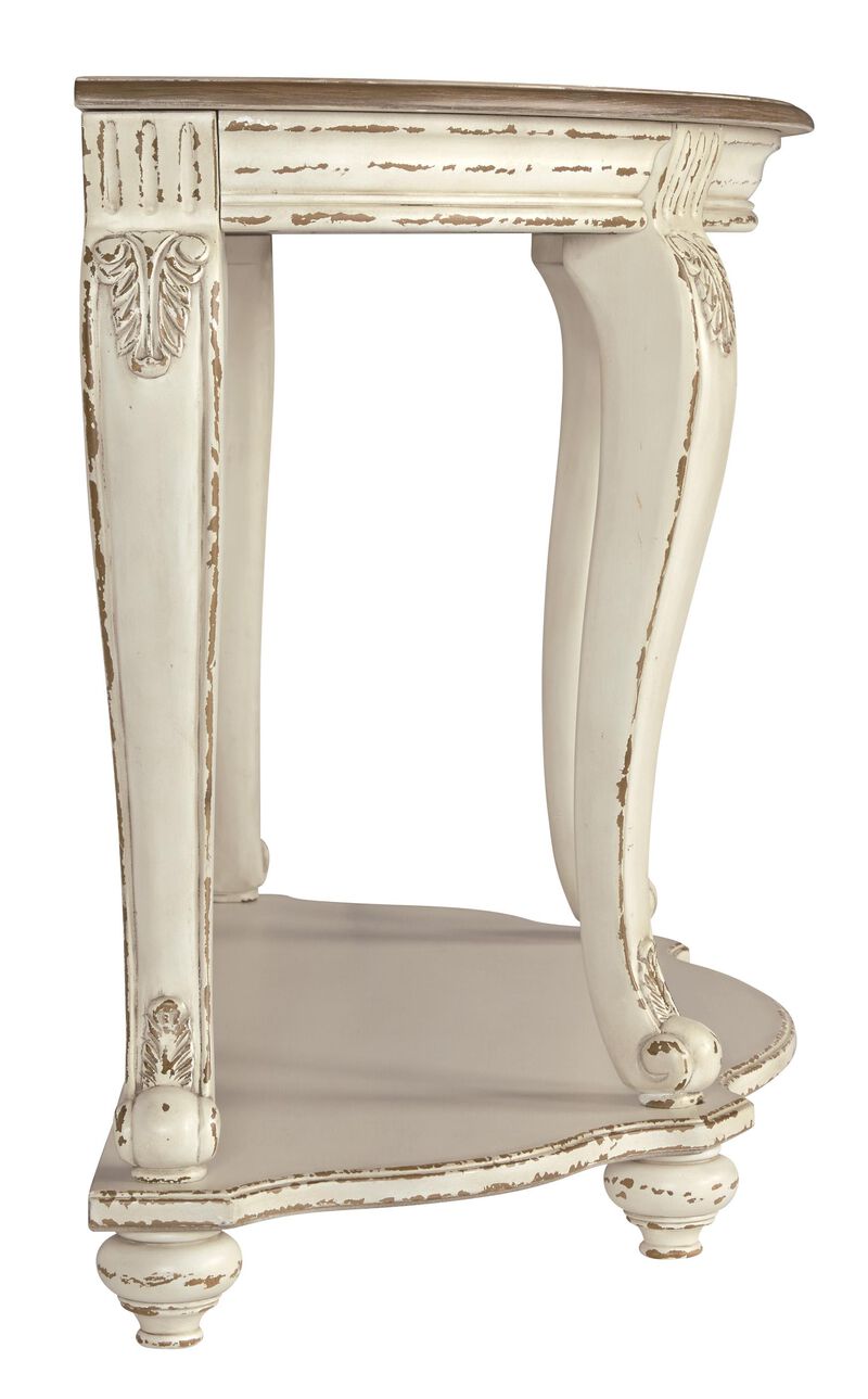 Crescent Moon Wooden Sofa Table with Engraved Details, Brown and White