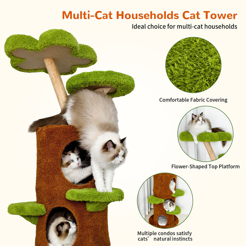 148CM Tall Wooden Cat Tree Tower Condo for Large Cats Activity with Steps &Posts image number 5