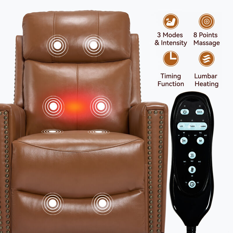 Genuine Leather Heat Massage Manual Recliner Chair with Rocker and Swivel for Living Room image number 4