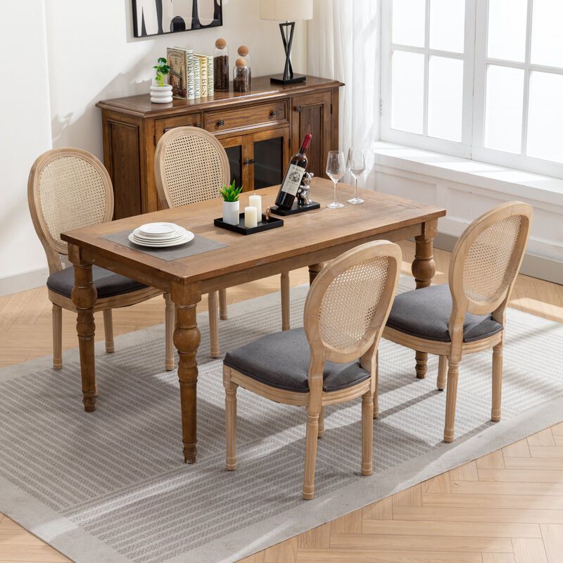 Whisen French Style Dining Chair, Solid Rubberwood Frame with Linen Upholstery and Rattan Back, Set of 2 for Living Room Kitchen image number 2