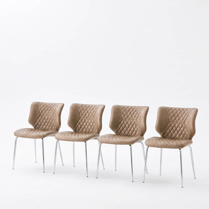 Set of 4 Leather Dining Chairs Square High Back Dining Chairs with Chevron Tufting Retro Dining Chairs with Metal Legs and Back Handle