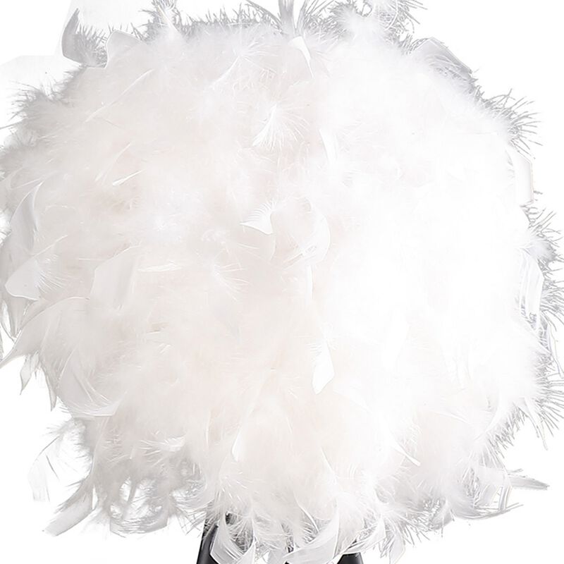 Rio 21 Inch Accent Table Lamp, White Feather Shade, Black Metal Tripod Base - Benzara