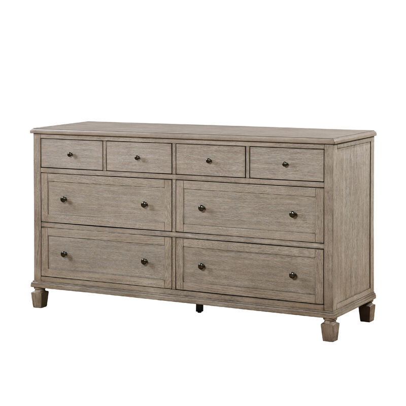 Cely Dresser, 66 Inch, 8 Drawers, Gray Oak Veneer, Nickel Tone Knobs - Benzara