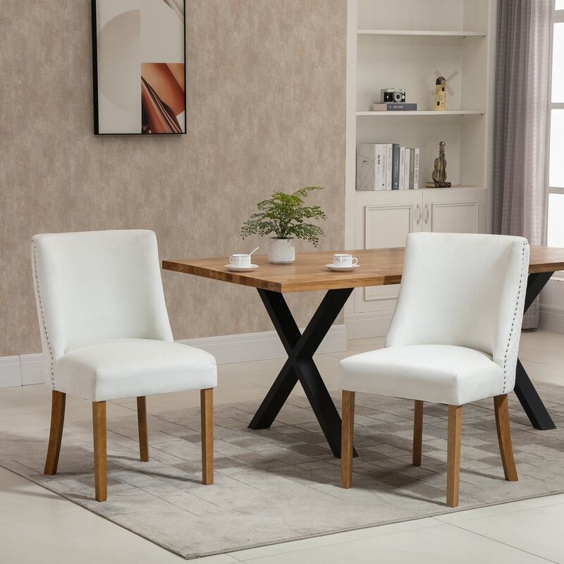Modern Dining Chairs Set of 2 with High Back, Dining Room Chairs with Nailhead Trim, Upholstered Seats and Solid Wood Legs for Kitchen, Cream White