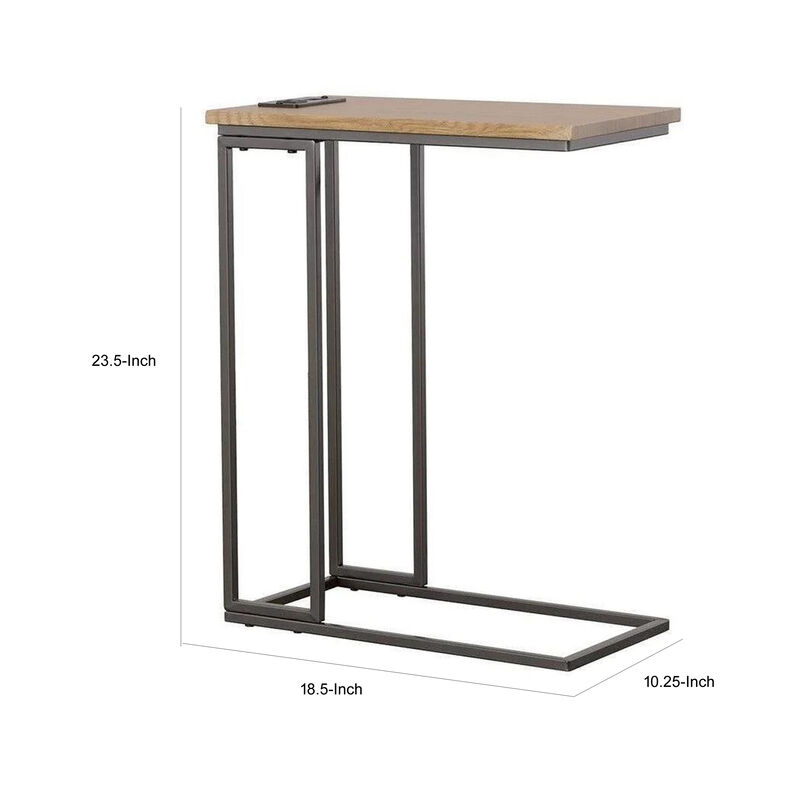 23 Inch Modern C Shape Side End Table, Wood, Metal Frame, USB, Light Brown-Benzara