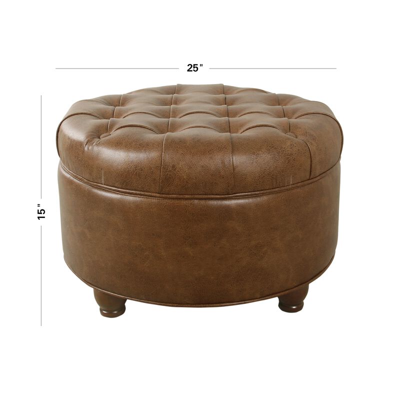 Gery Accent Storage Ottoman, 25 Inch Round Tray Top Brown Faux Leather