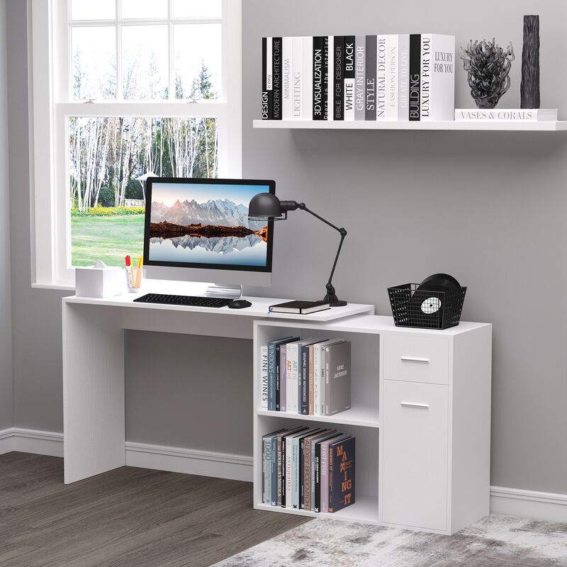 Rotating Home Office L-Shaped Corner Desk w/ Storage Drawer Computer Table Black
