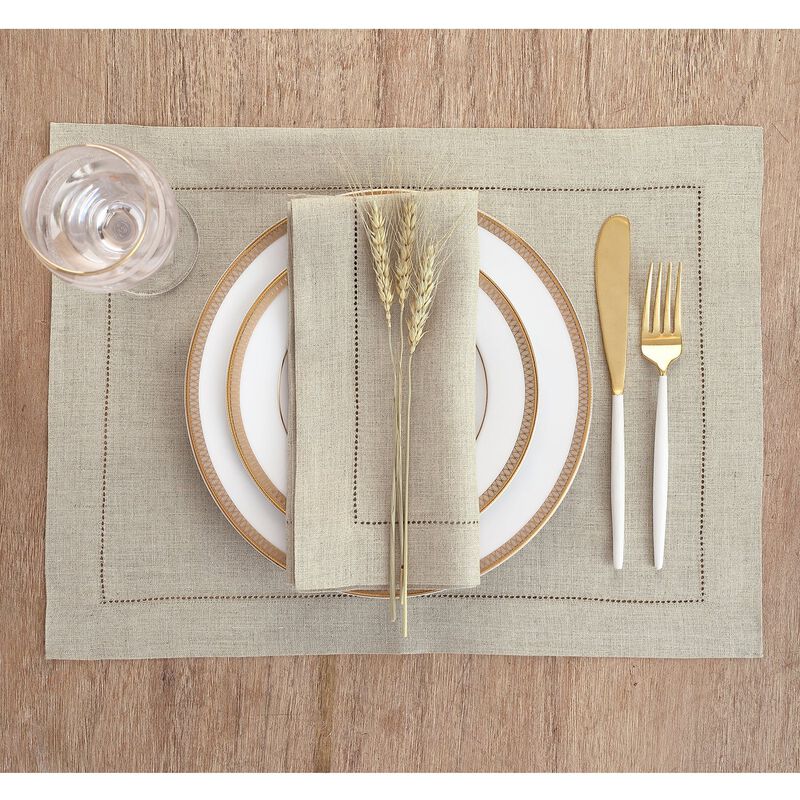 Solino Home 100% Pure Linen Placemats 14 x 19 Inch Set of 6 - Classic Hemstitch