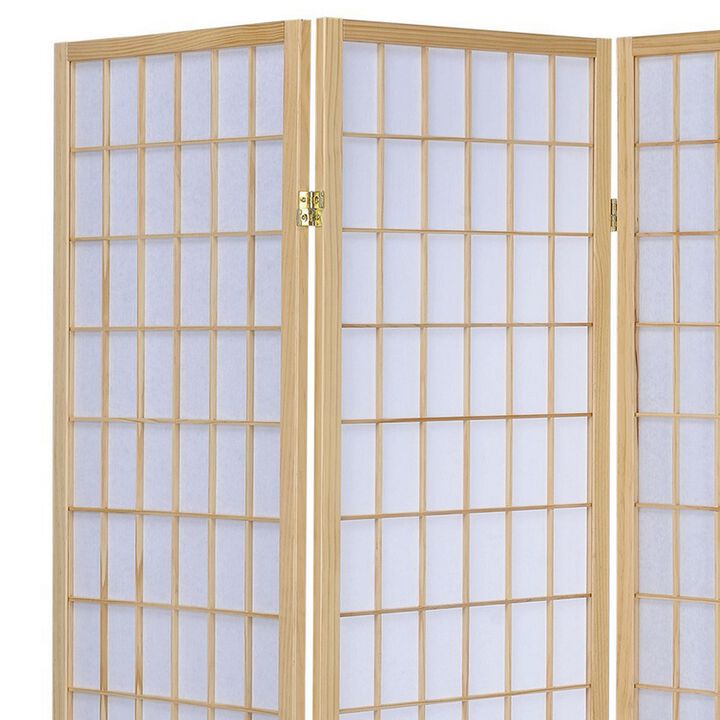 3 Panel Foldable Wooden Frame Room Divider with Grid Design, Brown-Benzara