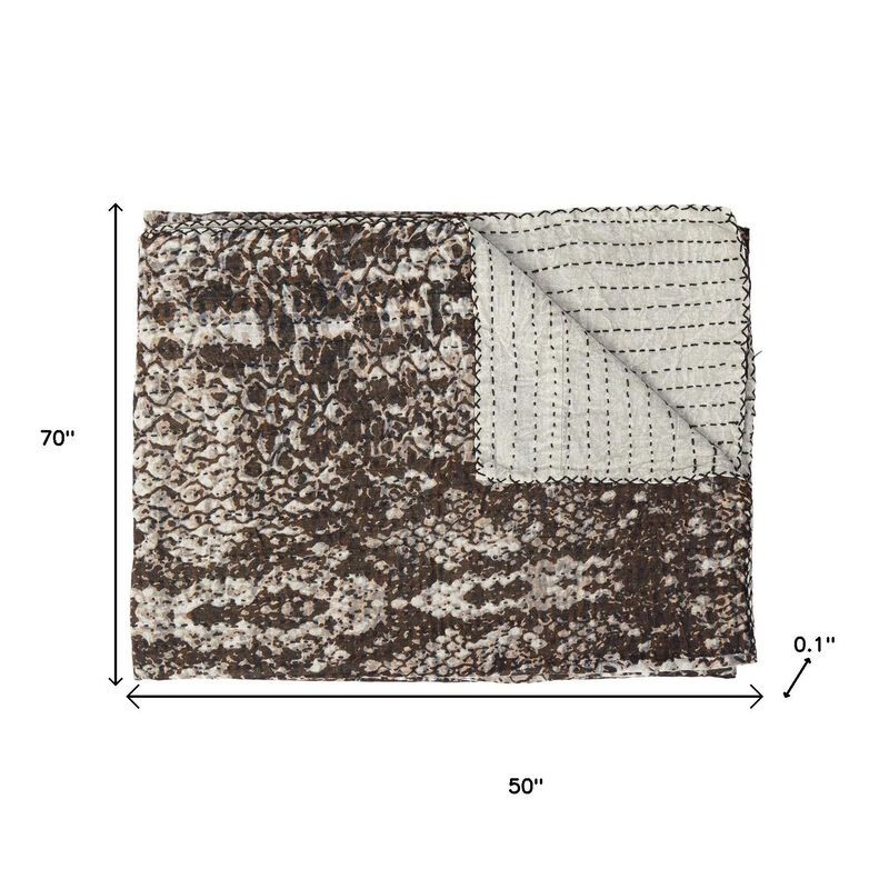 HomeRoots 50" X 70" Brown And Ivory Cotton Quilted Kantha Throw Blanket With Embroidery image number 2