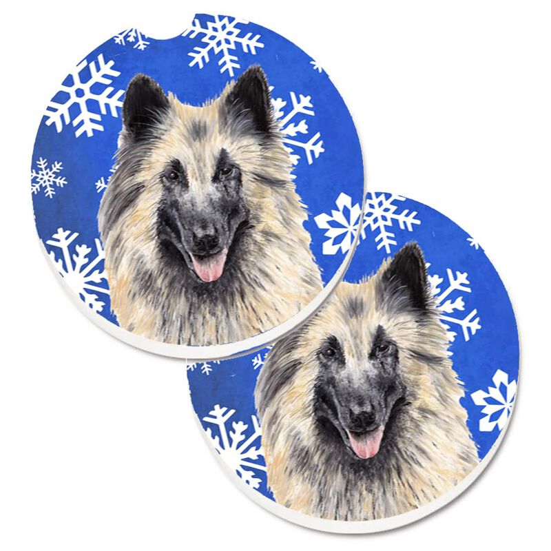 Caroline's Treasures Belgian Tervuren Winter Snowflakes Holiday Set of 2 Cup Holder Car Coasters SC9392CARC, 2.56, Multicolor