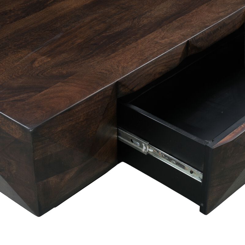 Jisaku 48 Inch Coffee Table with Storage Drawer, 3D Diamond Carved Panels, Walnut Brown Mango Wood image number 3