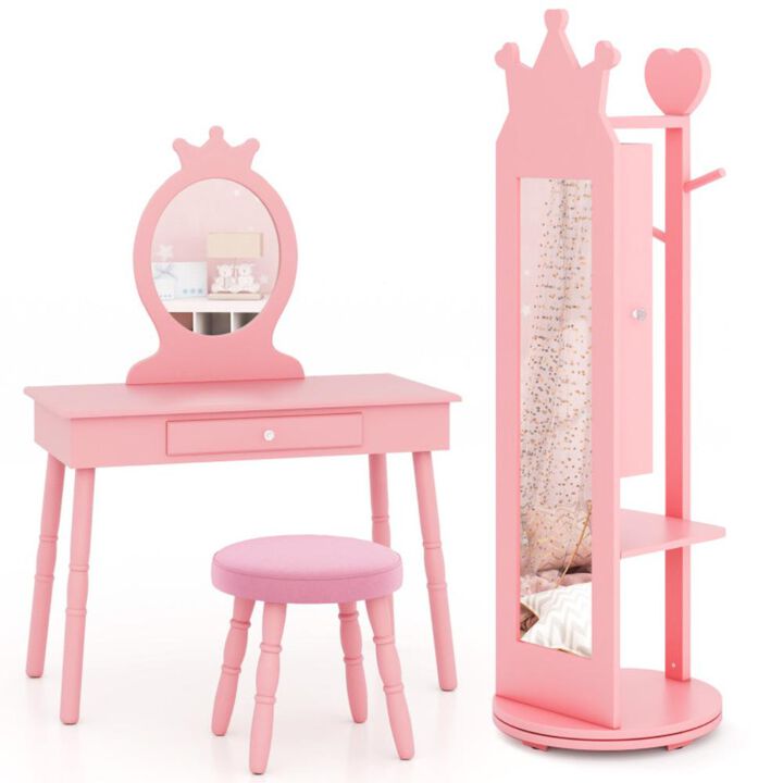 Hivvago Kids Room Furniture Set Princess Vanity Table and Stool Set with Mirror and Drawer