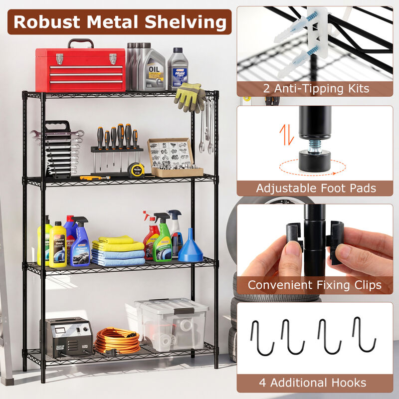 2 Pack 4 Tier Metal Storage Racks with V Shaped Wire Shelves for Utility Room-Black image number 7