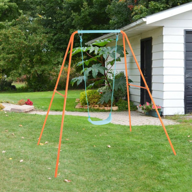 Hivvago Outdoor Kids Swing Set with Heavy-Duty Metal A-Frame and Ground Stakes