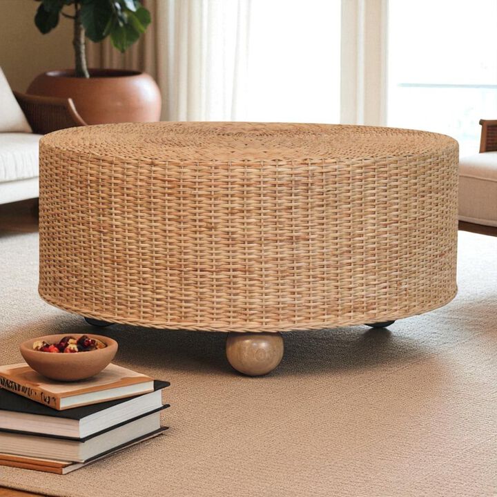 Artisan Furniture Solid Wood Regency Round Woven Coffee Table with Ball Feet