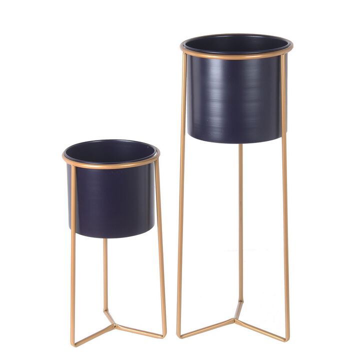 Metal Round Planter with Y Shape Base, Set of 2, Gold and Gray-Benzara