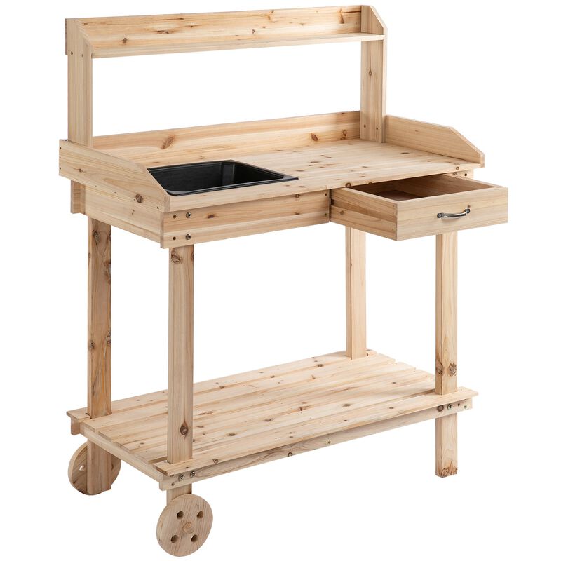 Mobile Garden Station: Natural Wood Potting Bench with Wheels and Sink