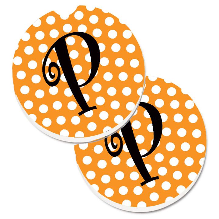 Caroline's Treasures Monogram Initial P Orange Polkadots Set of 2 Cup Holder Car Coasters CJ1033-PCARC, 2.56, Multicolor